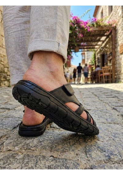 Ern Shoes İçi Dışı Hakiki Deri Ortopedik Erkek Terlik Sandalet Beyaz