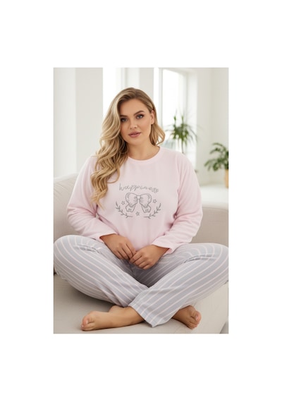 Siyah İnci Büyük Beden Polar Kışlık Örme Pijama Takım 25222563 Pembe