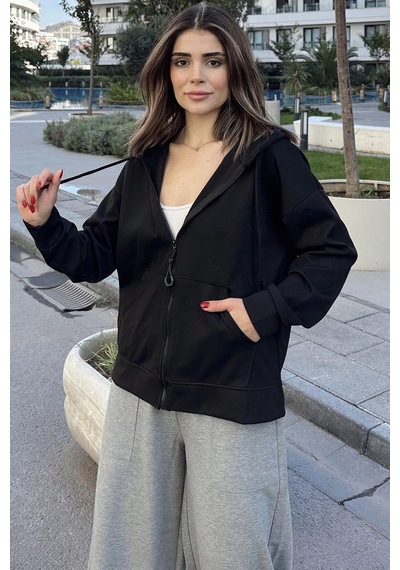 WeShaya Kadın Siyah Kapüşonlu, Fermuarlı, Cepli, Regular Kesim Sweatshirt Siyah