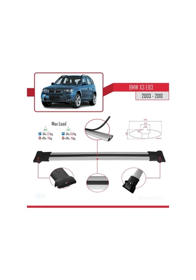 Bmw X3 E83 2003-2010 Arası İle Uyumlu Fly Model Ara Atkı Tavan Barı Gri 3 Adet Bar