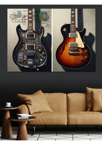 Ahşap Tablo Gitar Ve Müzik Temalı Çizimler