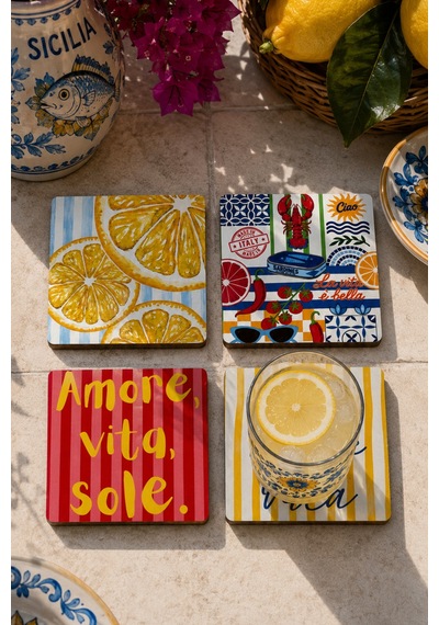 Kare La Dolce Vita Bardak Altlığı 4'lü Set Sicilya Temalı - 9 Cm, 3 Mm Mdf, Uv Baskı, Dekoratif Ba Çok Renkli