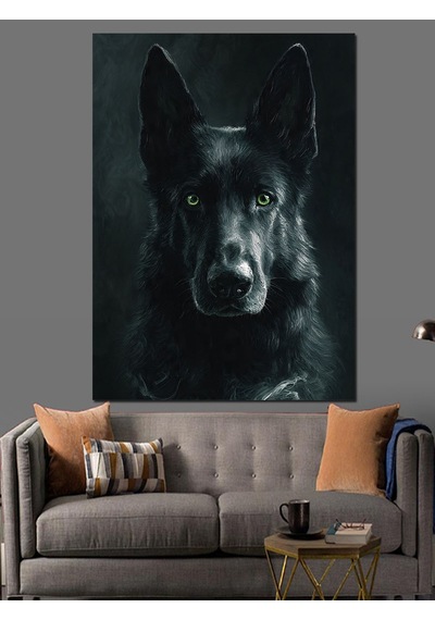 Siyah Kurt Köpek Portresi Dekoratif Kanvas - Mdf Ahşap Tablo