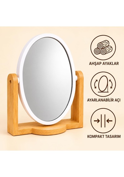 Tr Ahşap Ayaklı Büyük Oval Masa Aynası, 22 X 18 Cm, Ayarlanabilir Açılı Beyaz Çerçeveli Makyaj, Cilt Bakımı Genel