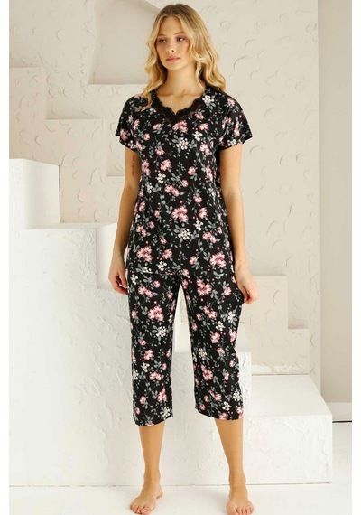 Alimer Kadın Siyah Dantelli V Yaka Bermuda Pijama Takım Edy2735s Siyah