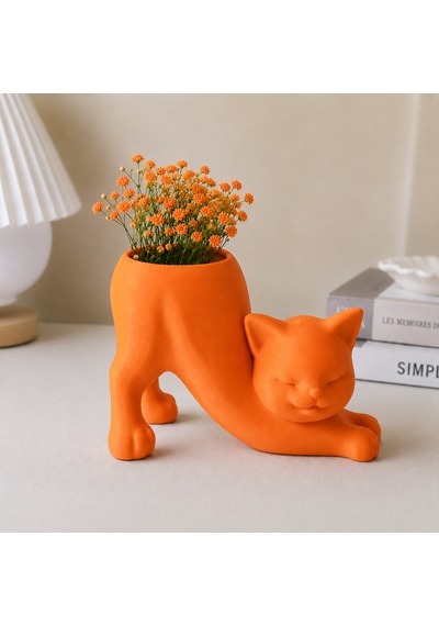 Kedi Figürlü Mini Saksı Dekoratif Saksı Turuncu