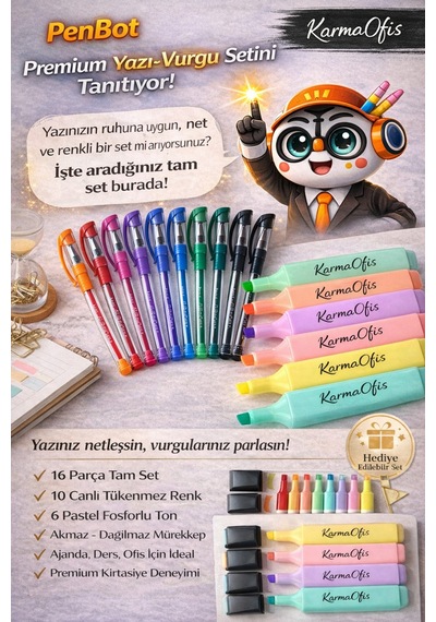 10 Renk Tükenmez Kalem+6 Pastel Fosforlu Kalem Akmaz Dağılmaz Ajanda, Ders & Ofis İçin 16 Lı Set Çok Renkli