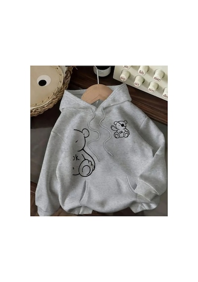 Herkesemoda Ayıcık Baskı Detaylı Kapüşonlu Sweatshırt Gri