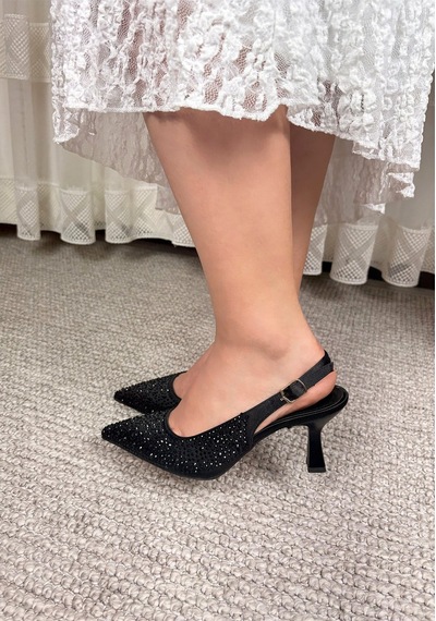 Asmi Shoes Kadın Monica Siyah Taşlı 7 Cm İnce Topuklu Ayakkabı & Stiletto