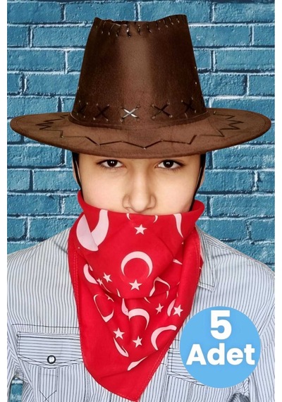 Uniquetrenders Çocuk Unisex Bandanalı 5'li Nubuk Kovboy Şapkası 8-14 Yaş Kahverengi 4