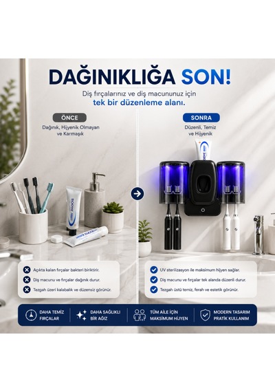 Uv Sterilizasyonlu Diş Fırçası Tutucu, Otomatik Diş Macunu Dispenseri, 4 Fırça Kapasiteli, 1200mah Şarjlı, Duvara Monte Siyah