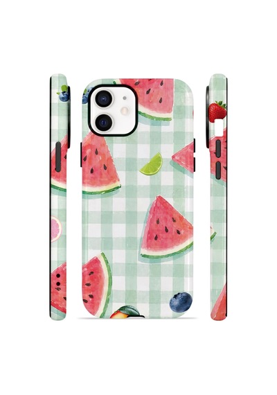 Apple iPhone Uyumlu 11 Vorian Çift Katmanlı Magsafe Kılıf Watermelon Picnic Gingham