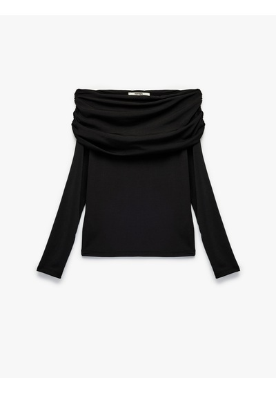 Koton Slim Fit Uzun Kollu Drapeli Omzu Açık Tişört Siyah 6wak80032ek SIYAH