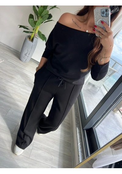 Efnaz Style Kadın Uzun Kollu Tek Omuzdan Açık Modal Bluz Ve Pantolon Ikili Takım Siyah