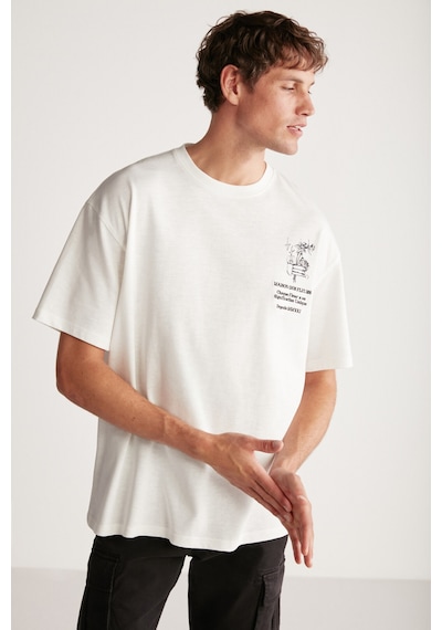 Grımelange Alonzo Erkek Oversize Fit %100 Pamuk Nakışlı Ve Baskılı Ekru T-shirt Ekru
