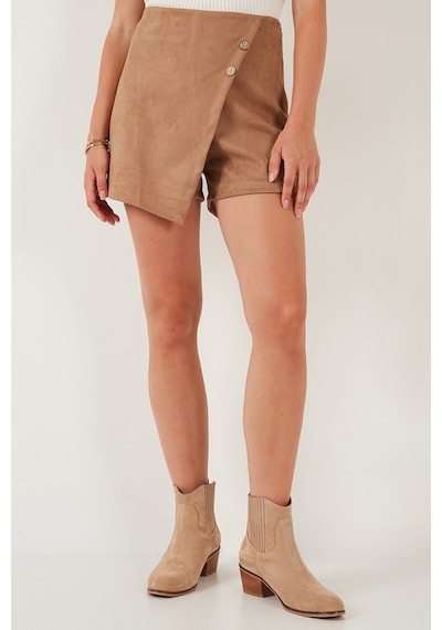 Lela Asimetrik Kışlık Scuba Süet Düğme Detaylı Slim Fit Bayan Şort Etek 5865968 Vizon