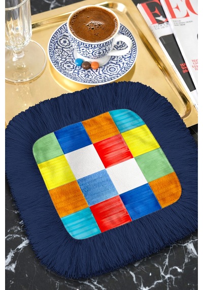 Renkli Patchwork Saçaklı Sunum Servis Altlığı Mendil - Modern Enerjik Lacivert Sunumluk Peçete Gün Batımı Krem