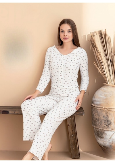 Kadın Kurdele Detaylı Kiraz Desenli U Yaka Likralı Pijama Takım Beyaz