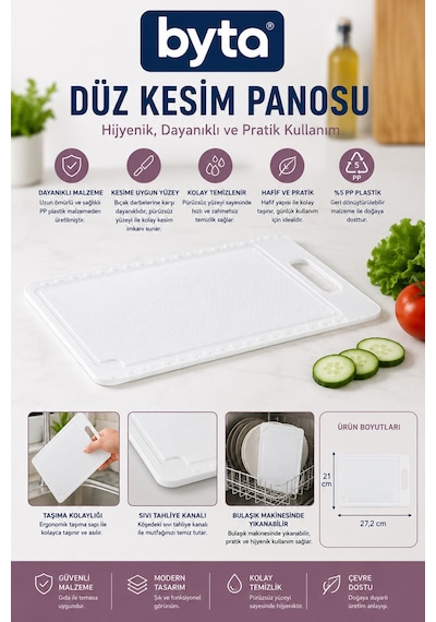 Kaymaz Kesim Panosu Hijyenik Pp Plastik Mutfak Kesme Tahtası Beyaz