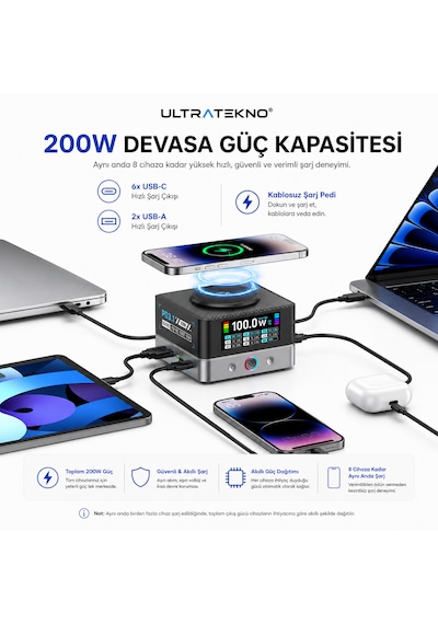 Ultratekno Wlx-r8a 680w Gan 8 Port Pd 3.1 Hızlı Şarj İstasyonu Kablosuz Şarj Destekli Usb Type-c Laptop Telefon Tablet Şarj Cihazı Siyah-Gri