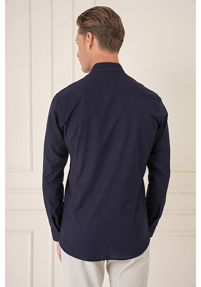 Efor Slim Fit Düğmeli Yaka Dokulu %100 Pamuk Klasik Lacivert Gömlek Gk 726 Lacivert