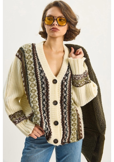 Shade Kadın Etnik Desenli Oversize V Yaka Düğmeli Kalın Triko Hırka 5057 60283576 - Krem