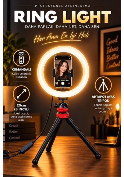 Tr 20 Cm 8 İnç Led Halka Işık Ahtapot Tripod Telefon Tutucu M-20 Genel