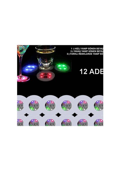 Renkli Led Işıklı Bardak Altlığı - Dekoratif 12 Adet, Pilli Evimdeyokyok Diğer