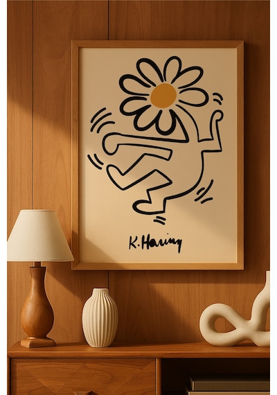 Ketih Haring Doğal Ahşap Çerçeveli Poster, Dekoratif Sanatsal Duvar Tablosu