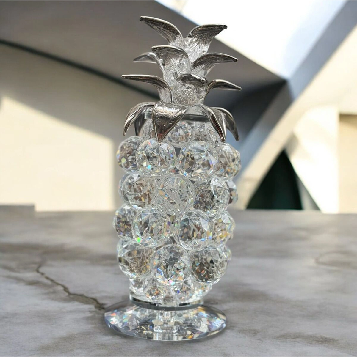 Dekoratif Kristal Cam Tekli Ananas Orta Boy Şeffaf Gümüş