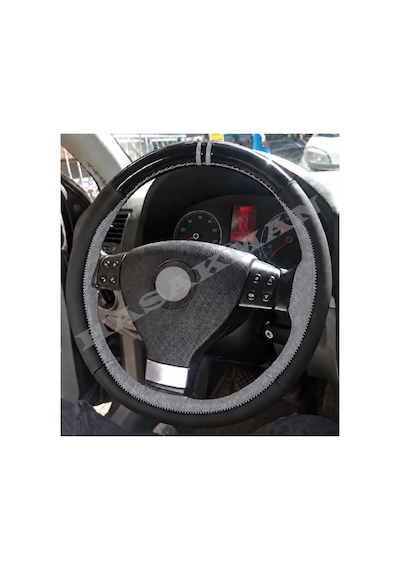 Vw Passat B6 Dikme Direksiyon Kılıfı Parlak Siyah Gri Detaylı Gri Çift Yüzük Ve Dikiş 2005-2010