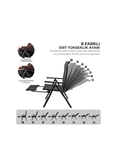 Argeus Sırt Ayarlı Katlanabilir Kamp Sandalyesi - 8 Kademeli - Bacak Uzatmalı - Şezlong - Recline Karışık