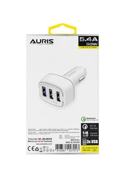 Auris 5.4A 3 Usb Girişli Oto Çakmaklık Araç Hızlı Şarj Cihazı Beyaz
