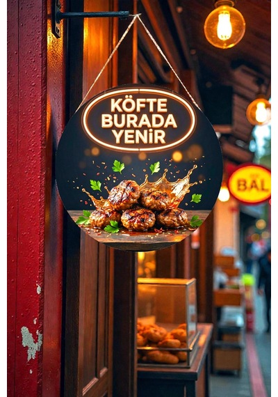 Köfte Burada Yenir Görselli İpli Ahşap Duvar Kapı Tablosu, Köfteci, Restoran, Cafe Süs Dekoru