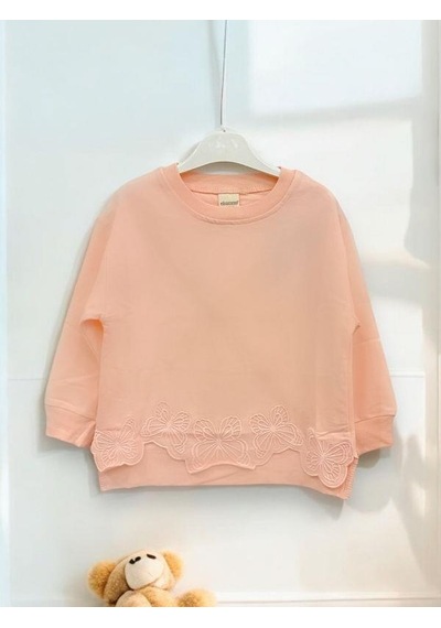 Kız Çocuk Kelebek İşlemeli Sweatshirt-14229 Pudra