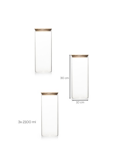 Porsima 4-3 Bambu Vakumlu Kapaklı Yuvarlak Borosilikat Cam 3lü Kavanoz Seti Saklama Kabı 2100ml 10x30cm
