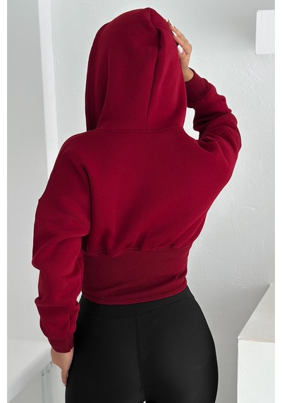 Kadın Siyah Fermuarlı Hoodie Minimal Sokak Ruhuyla Bordo
