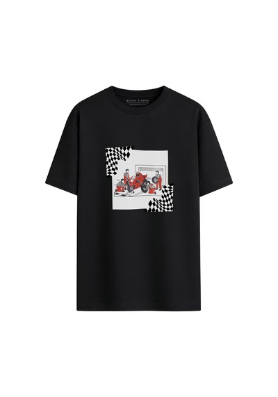 Black Nova Oversize Baskılı Unisex %100 Pamuk T-shirt Pit Stop Siyah