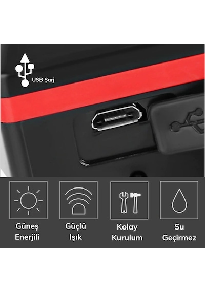 BUFFER® Solar Enerjili  Şarj Edilebilir Bisiklet Feneri Korna Kırmızı Siyah