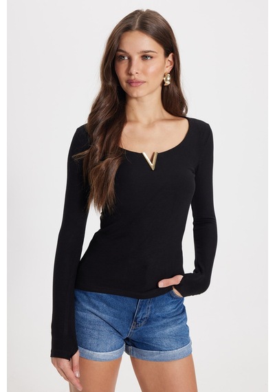 Tudors Kadın Slim Fit Dar Kesim Pamuklu Uzun Kollu V Yaka Siyah Tişört Bluz-50782