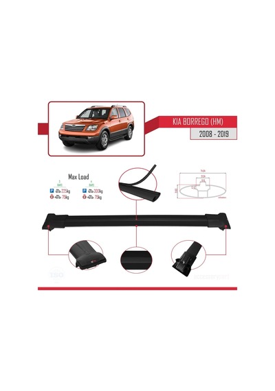 Kia Borrego Hm 2008-2019 Arası İle Uyumlu Fly Model Ara Atkı Tavan Barı Siyah 3 Adet Bar