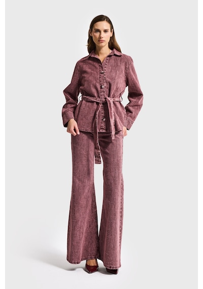 Kadın Gül Kurusu 6s6-98 Oversize Kemer Detaylı Kumaş Özellikli Tasarım Denim Ceket Bordo