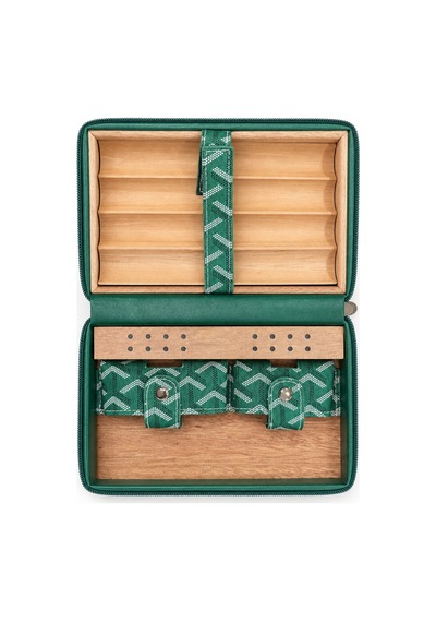 Cohiba Yeşil Goyard Desenli Deri Puro Taşıma Çantası & Seyahat Humidoru Tr10002