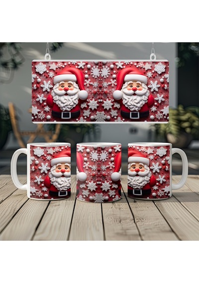 3d Görünümlü Noel Baba Kupa Bardak Kar Tanesi Desenli Kırmızı Yılbaşı Tasarım Kabartmasız Beyaz