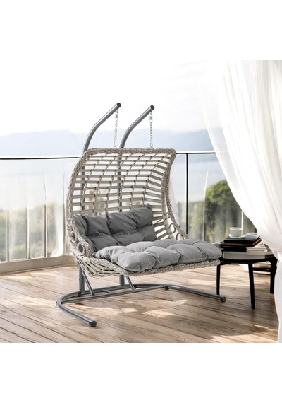 Bodrum Double Çiftli Rattan Bahçe Salıncağı Rehome Balkon Salıncağı Beyaz