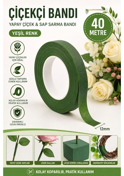 40 Metre Yeşil Çiçekçi Bandı 12 Mm Yapay Çiçek Sap Sarma Latex Floral Tape 1
