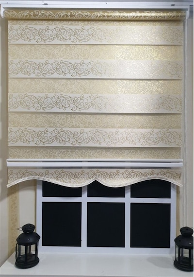 Zebra Stor Perde Sarı Sarmaşık Desen Altın Simli Etek Dilimli Stb9300 V 02