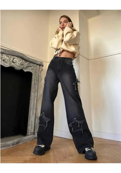 2424 Kadın Yıldız Detaylı Baggy Jeans Kot Denim Pantolon Siyah