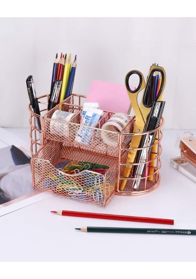 Temel Rose Gold Metal Mesh Masaüstü Organizer Çekmeceli Çok Bölmeli 22x11x11 Cm 9507r