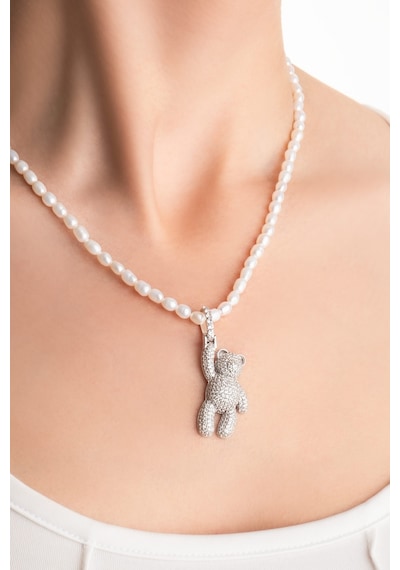 Tiny Bear 18 Ayar Beyaz Altın Kaplama Gümüş Charm Beyaz